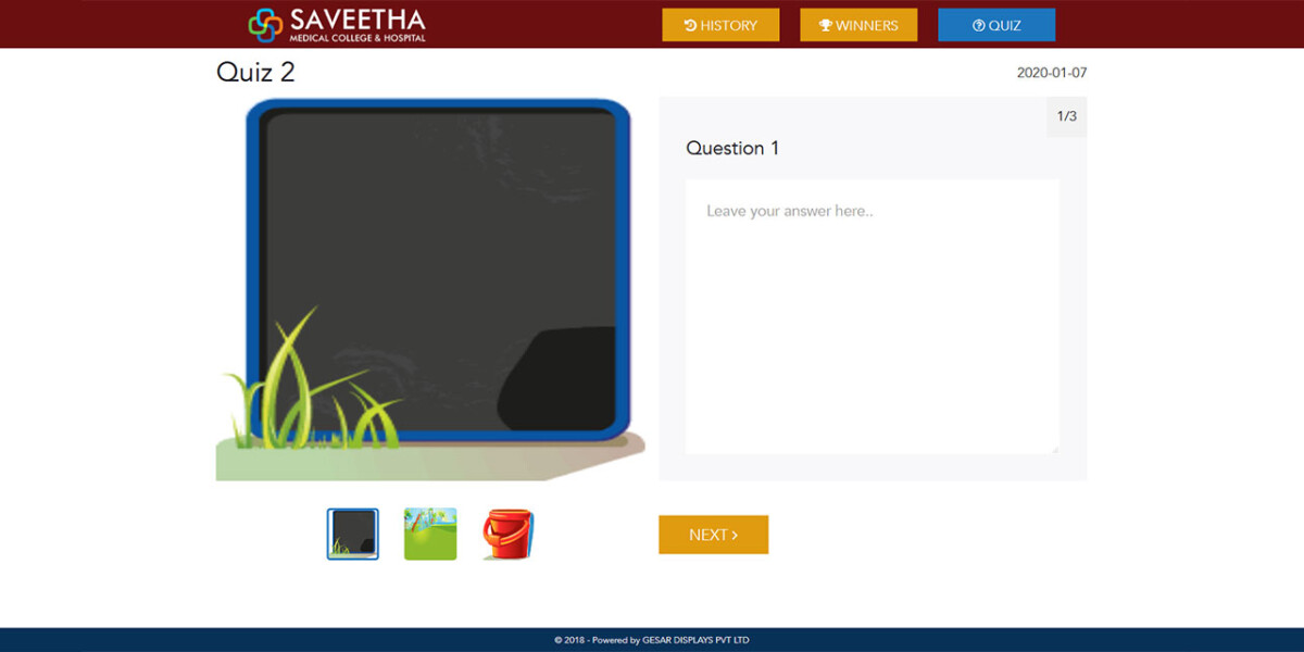 The Quiz App loads on the startup of Kiosk with set of questions. The users log in with their name and answer set of questions. Upon submission the data will be sent to server for Quiz administrator's review. The quiz keeps updated on regular basis from the admin module.
