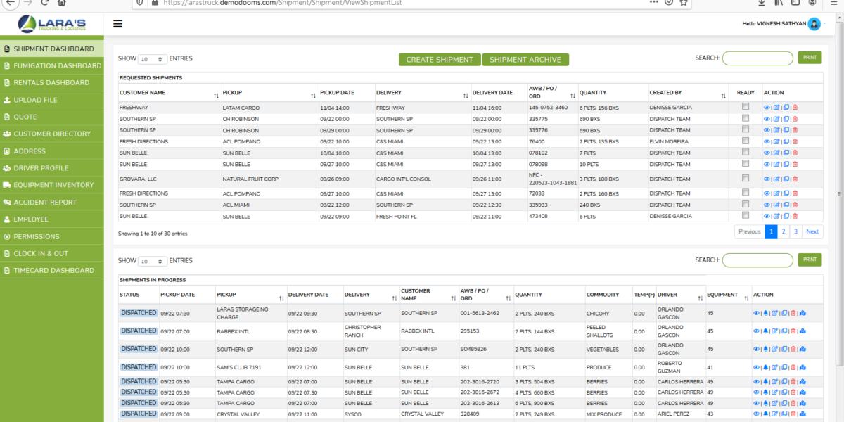 This web application is used by client for all their day to day activities including shipment status, fumigation status, driver profile, loading/un-loading, employee time card etc. There are 4 roles with restricted access including a customer role for customers to view their shipment status.