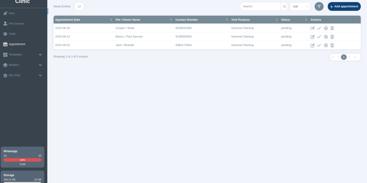 List, day, week and month views. Consult from here or Edit/Delete Appointment.